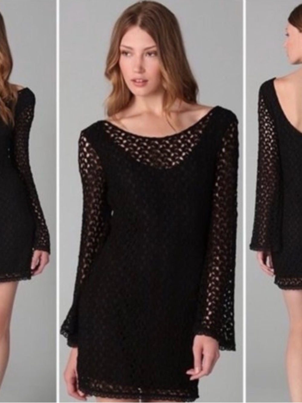 Free People Black Crochet Long Bell Sleeve Scoop Back Mini Dress